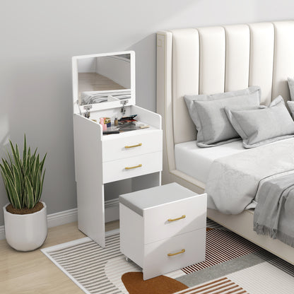 Compact Dressing Table and Stool Set, with Storage - White