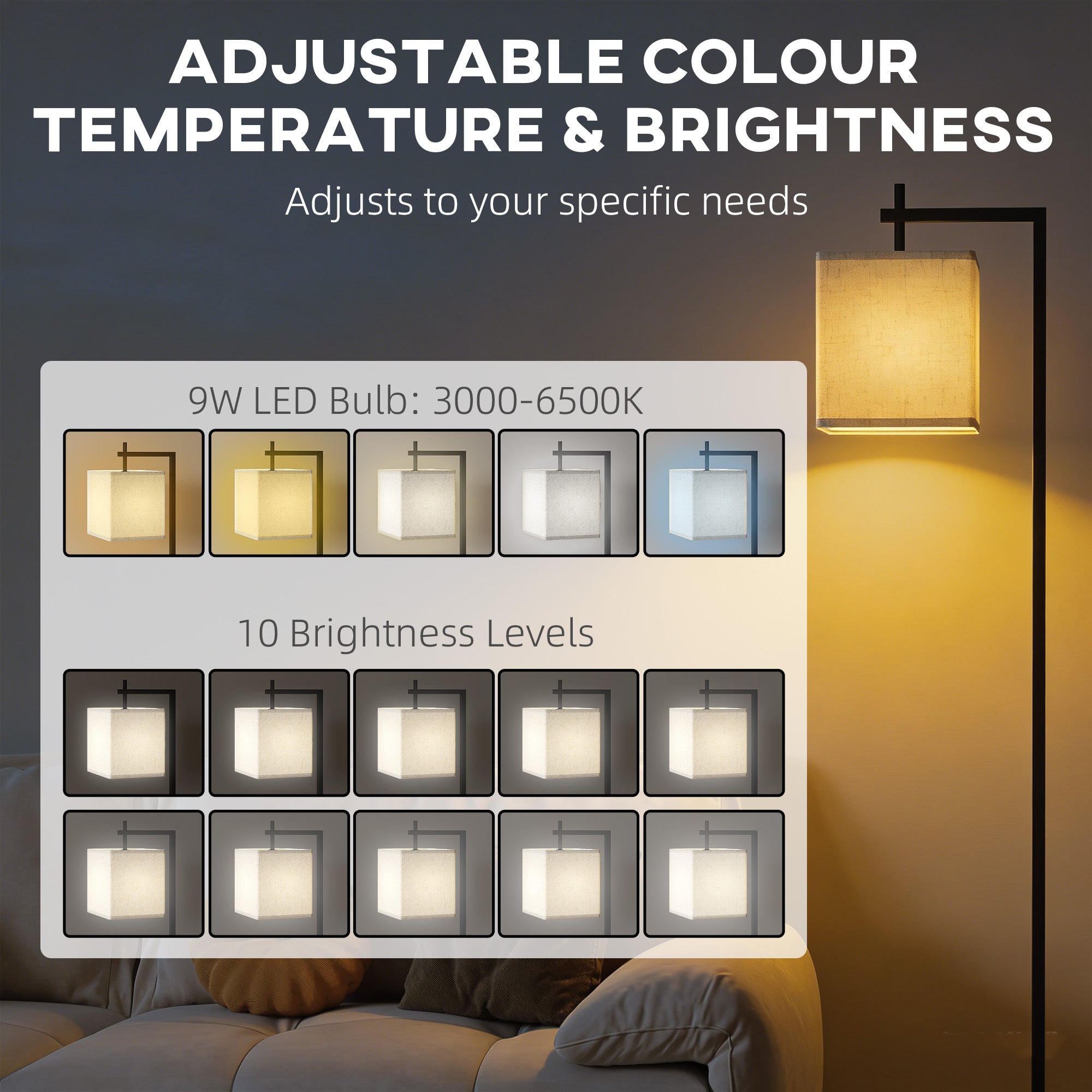 Floor Lamp for Living Room, 66" Modern Tall Standing Lamp with Adjustable Colour Temperatures & 10 Brightness Levels, Remote Control and Foot Switch for Bedroom Office, 9W LED Bulb Included