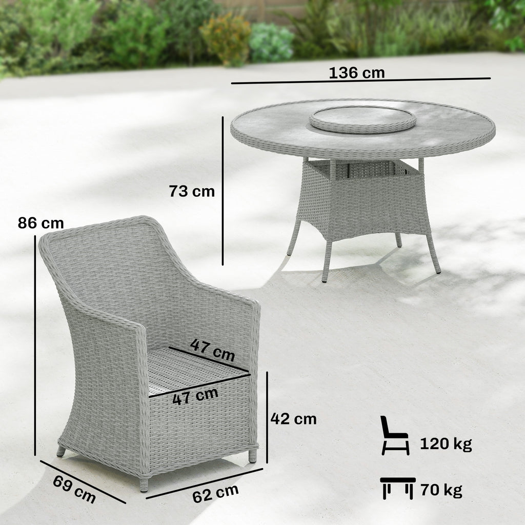 Outsunny Rattan Dining Set with Turntable, Marble Effect Glass Table and 6 Armchairs, Aluminium Frame, Grey