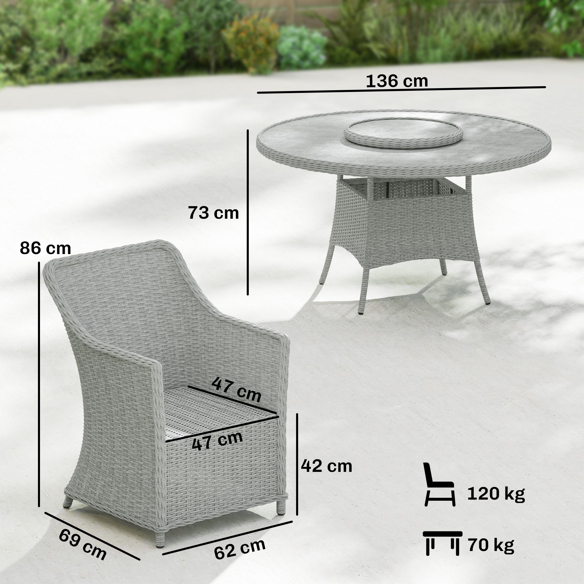 Outsunny Rattan Dining Set with Turntable, Marble Effect Glass Table and 6 Armchairs, Aluminium Frame, Grey