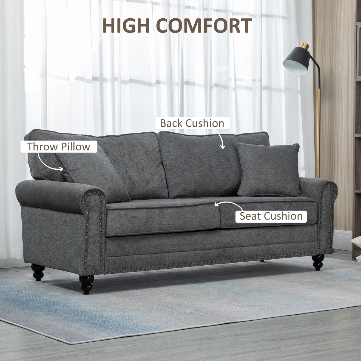 196cm 3 Seater Sofa, Fabric Sofa with Rubber Wood Legs, Nailhead Trim, 2 Pillows, Small Upholstered Couch Settee for Living Room, Guest Room, Grey