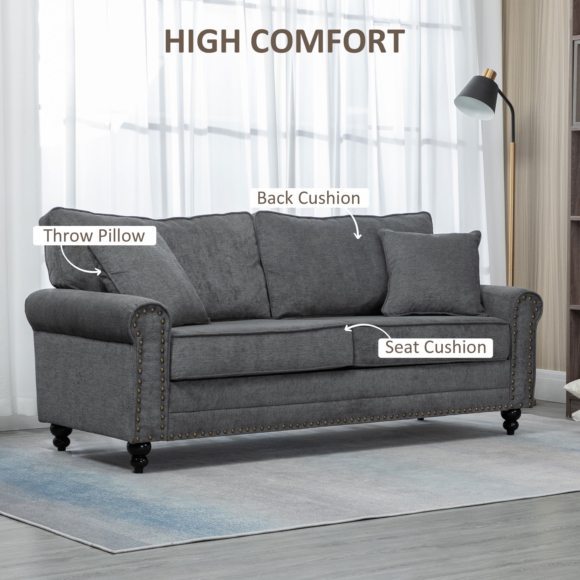HOMCOM 196cm 3 Seater Sofa, Fabric Sofa with Rubber Wood Legs, Nailhead Trim, 2 Pillows, Small Upholstered Couch Settee for Living Room, Guest Room, Grey