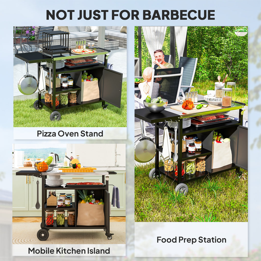 Outsunny Outdoor BBQ Trolley with Foldable Side Table, Stainless Steel Top, Outdoor Kitchen with Wheels Hooks Shelves Cabinet, Pizza Oven Table Movable Barbecue Grill Dining Cart with Cover, Black