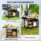 Outsunny Outdoor BBQ Trolley with Foldable Side Table, Stainless Steel Top, Outdoor Kitchen with Wheels Hooks Shelves Cabinet, Pizza Oven Table Movable Barbecue Grill Dining Cart with Cover, Black