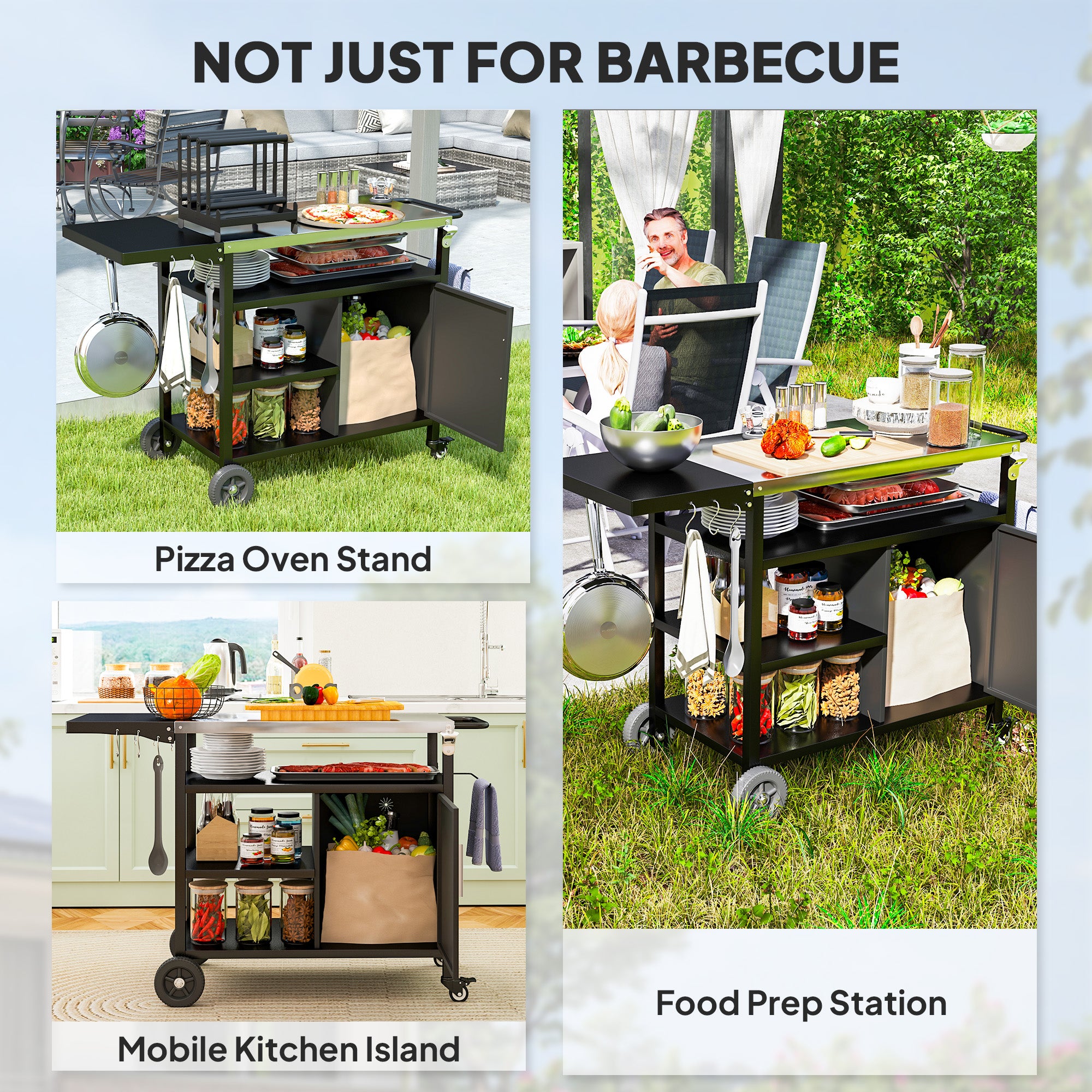 Outsunny Outdoor BBQ Trolley with Foldable Side Table, Stainless Steel Top, Outdoor Kitchen with Wheels Hooks Shelves Cabinet, Pizza Oven Table Movable Barbecue Grill Dining Cart with Cover, Black