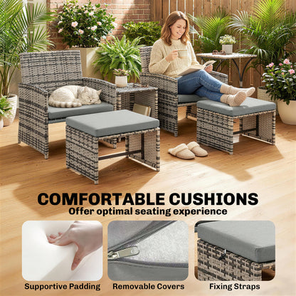 Outsunny 6 Piece Rattan Garden Furniture, Space-Saving Patio Furniture Set with Nesting Tables, Chairs, Stools, Cushions, Grey