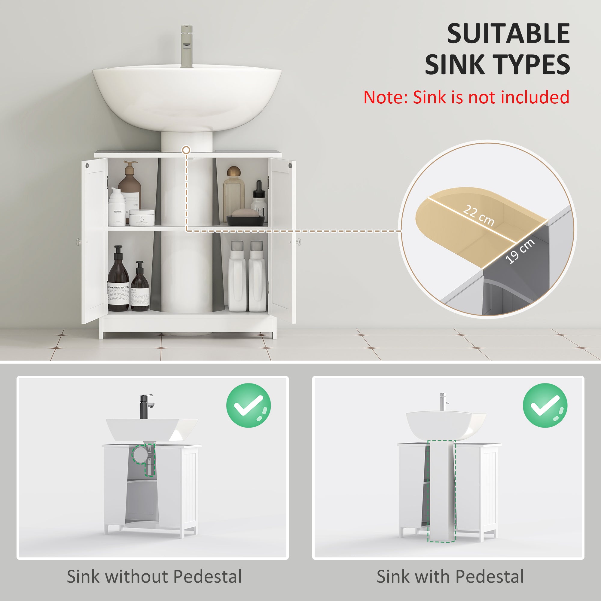 HOMCOM Under Sink Bathroom Storage Cabinet 2 Layers Vanity Unit Wooden - White