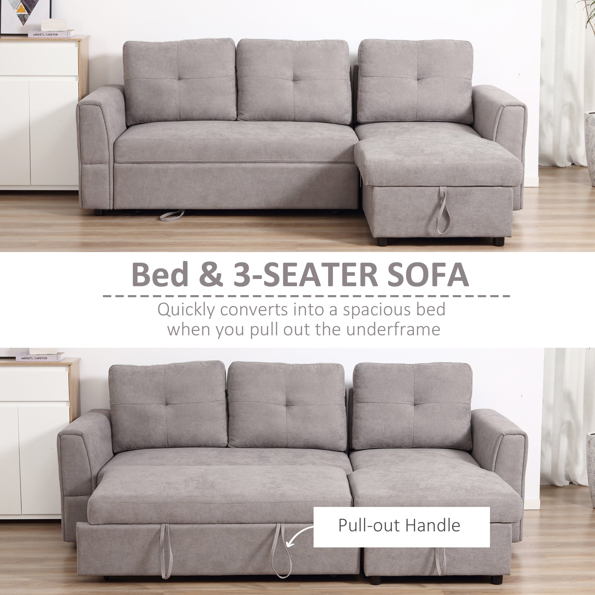 HOMCOM 3 Seater Sofa Bed, Pull Out Sofa Bed with Storage for Living Room, Light Grey