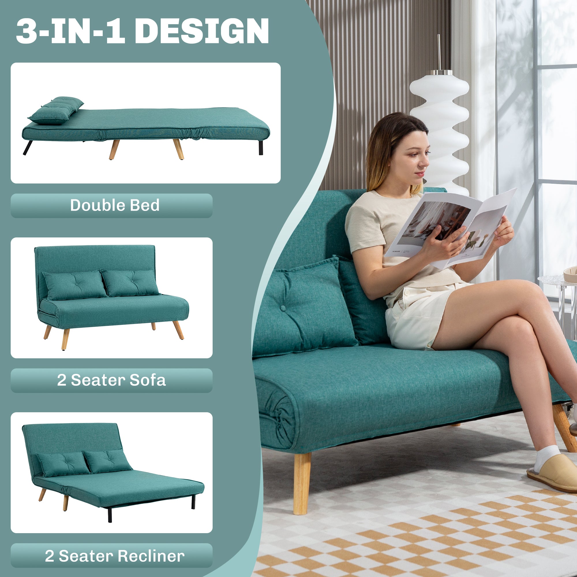 HOMCOM Two-Seater Linen-Look Sofa Bed - Green