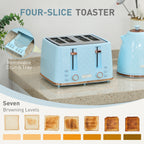 Kettle and Toaster Set, 1.7L 3000W Fast Boil Jug Kettle, 4 Slice Toaster with 7 Level Browning Controls, Light Blue
