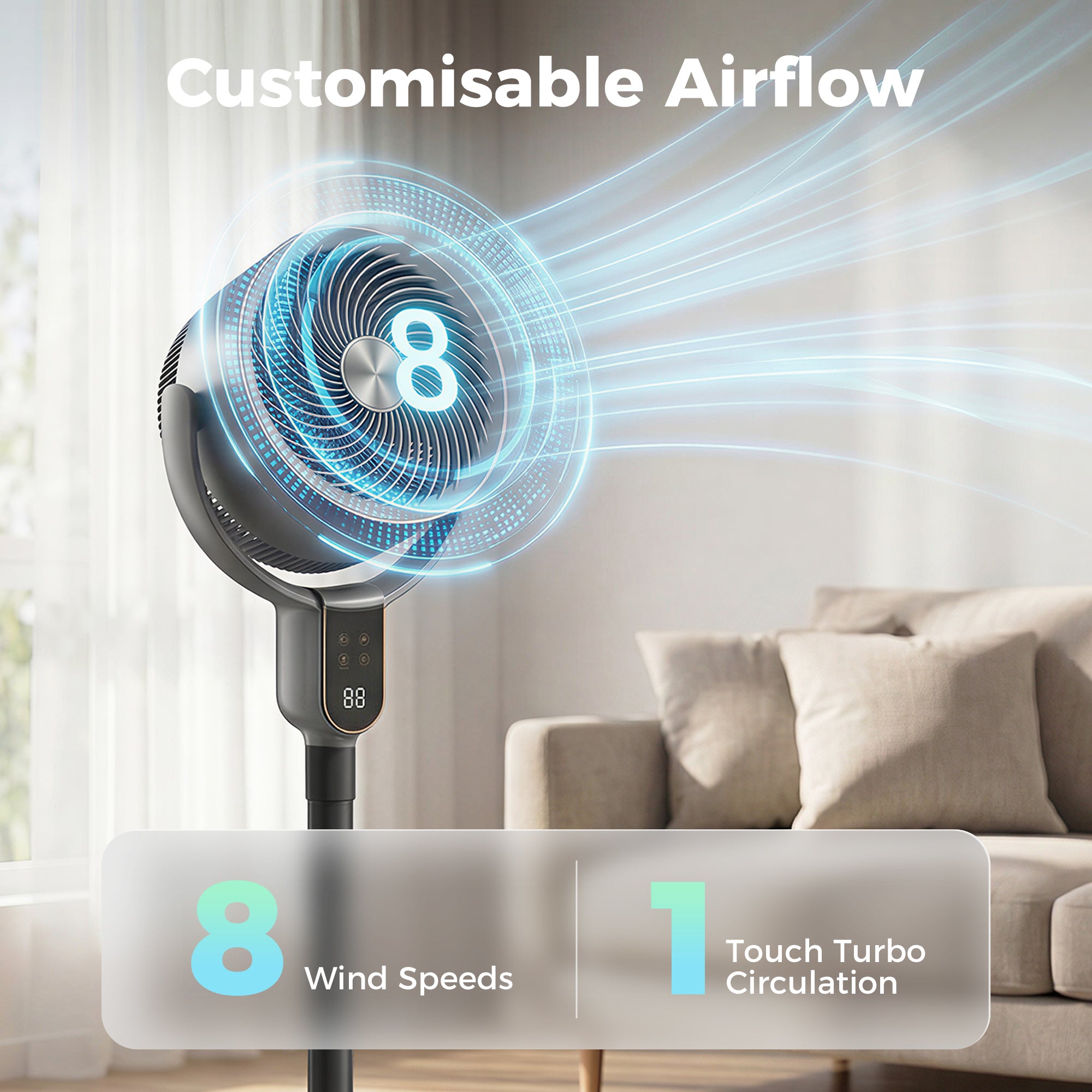 20 dB Silent Standing Fan for Bedroom, 42" Pedestal Fan with Remote, 90° Oscillating, 8 Speeds, Remote Control, Grey