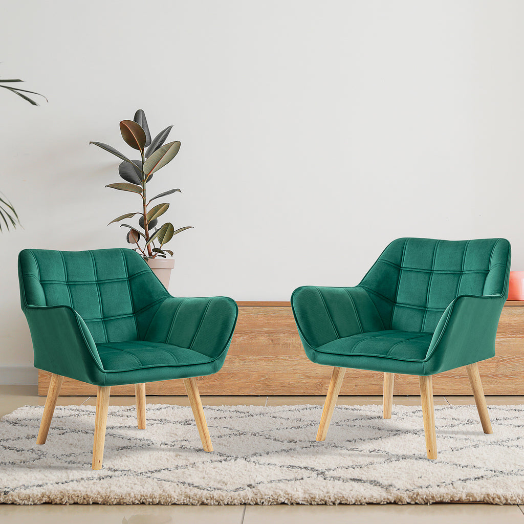 HOMCOM Accent Chair, Velvet Upholstered Vanity Tub Chair with Flared Armrests, Slanted Back, Solid Wood Legs, Comfy Padding Armchair, Home Bedroom Furniture Seating, Set of 2, Green