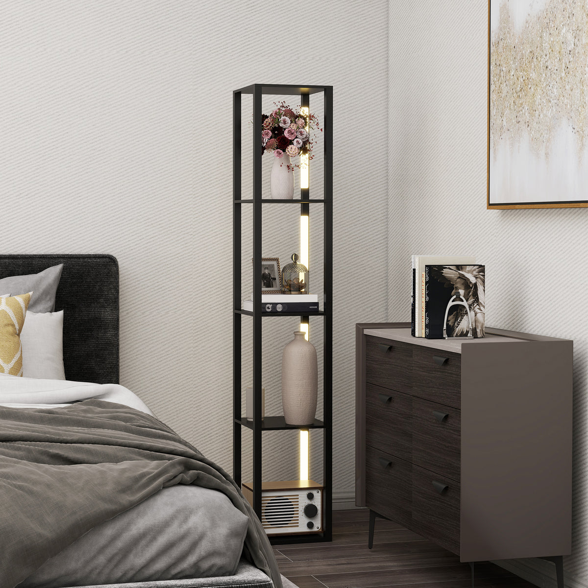 LED Floor Lamp with Shelves, Modern Dimmable Standing Lamp with 3 Brightness Levels and Foot Switch for Living Room, Bedroom, Office, Black
