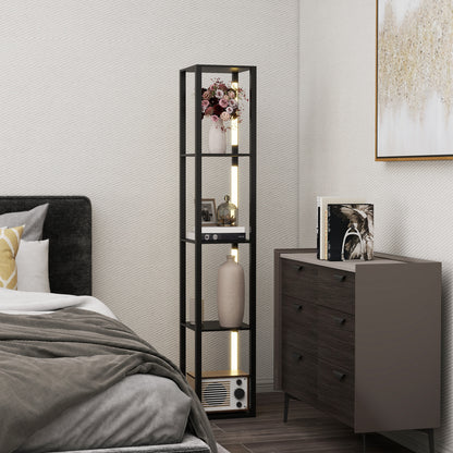 LED Floor Lamp with Shelves, Modern Dimmable Standing Lamp with 3 Brightness Levels and Foot Switch for Living Room, Bedroom, Office, Black