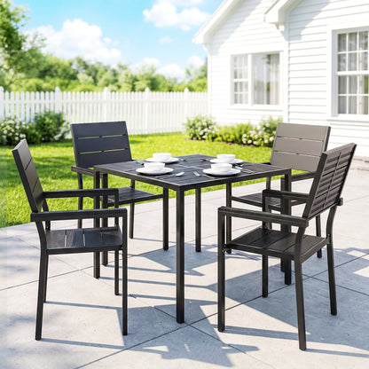 Outsunny 5 Pieces Garden Dining Set, Garden Table and Chairs Set for 4 with Square HDPE Table and Chairs with Armrests, Black