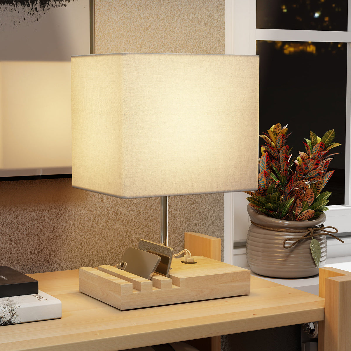 Bedside Lamp with USB A+C Charging Ports and 3 Phone Stands, Modern Table Lamp with Solid Wood Base and Fabric Shade for Bedroom Living Room Office, E27 Socket, Bulb Not Included, White
