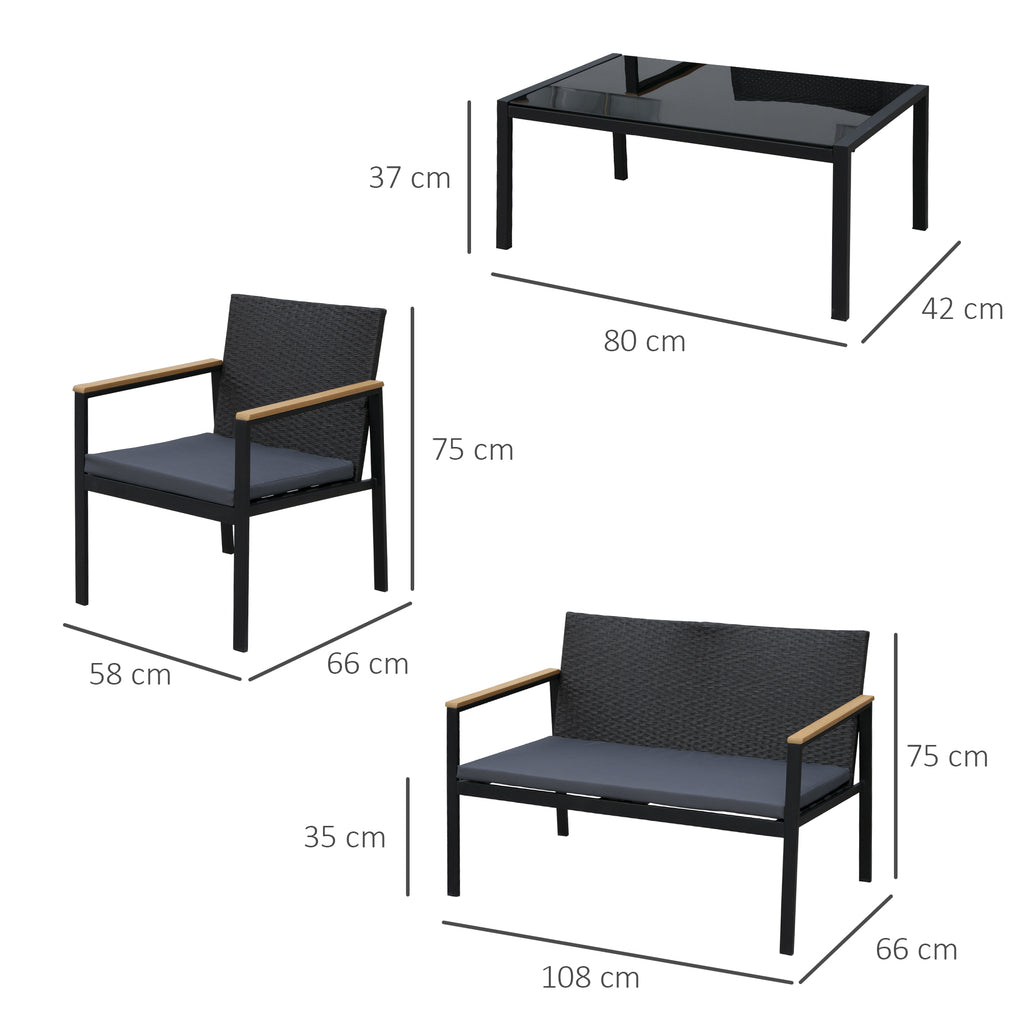 Outsunny 4 Pieces Rattan Garden Furniture Set, 4 Seater Garden Sofa Set with Loveseat, 2 Armchairs and Glass Top Coffee Table, Wicker Outdoor Conservatory Furniture with Cushions for Patio, Black