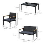 Outsunny 4 Pieces Rattan Garden Furniture Set, 4 Seater Garden Sofa Set with Loveseat, 2 Armchairs and Glass Top Coffee Table, Wicker Outdoor Conservatory Furniture with Cushions for Patio, Black