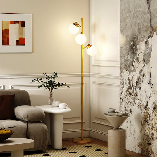 3-Light Tree Floor Lamps for Living Room, Modern Standing Lamp for Bedroom with Globe Lampshade, 3000K/4000K/6000K Colour Temperatures, Steel Base, Gold Tone