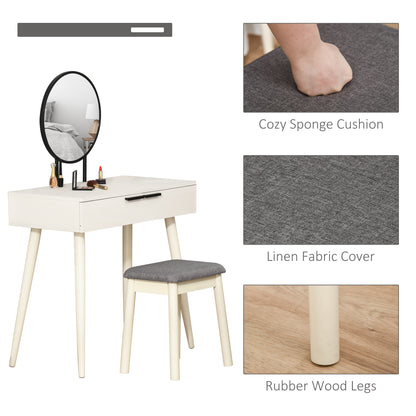 Modern Dressing Table with Round Mirror and Stool, Makeup Vanity Table with 2 Drawers for Bedroom, Living Room, 80 x 40 x 123 cm, White