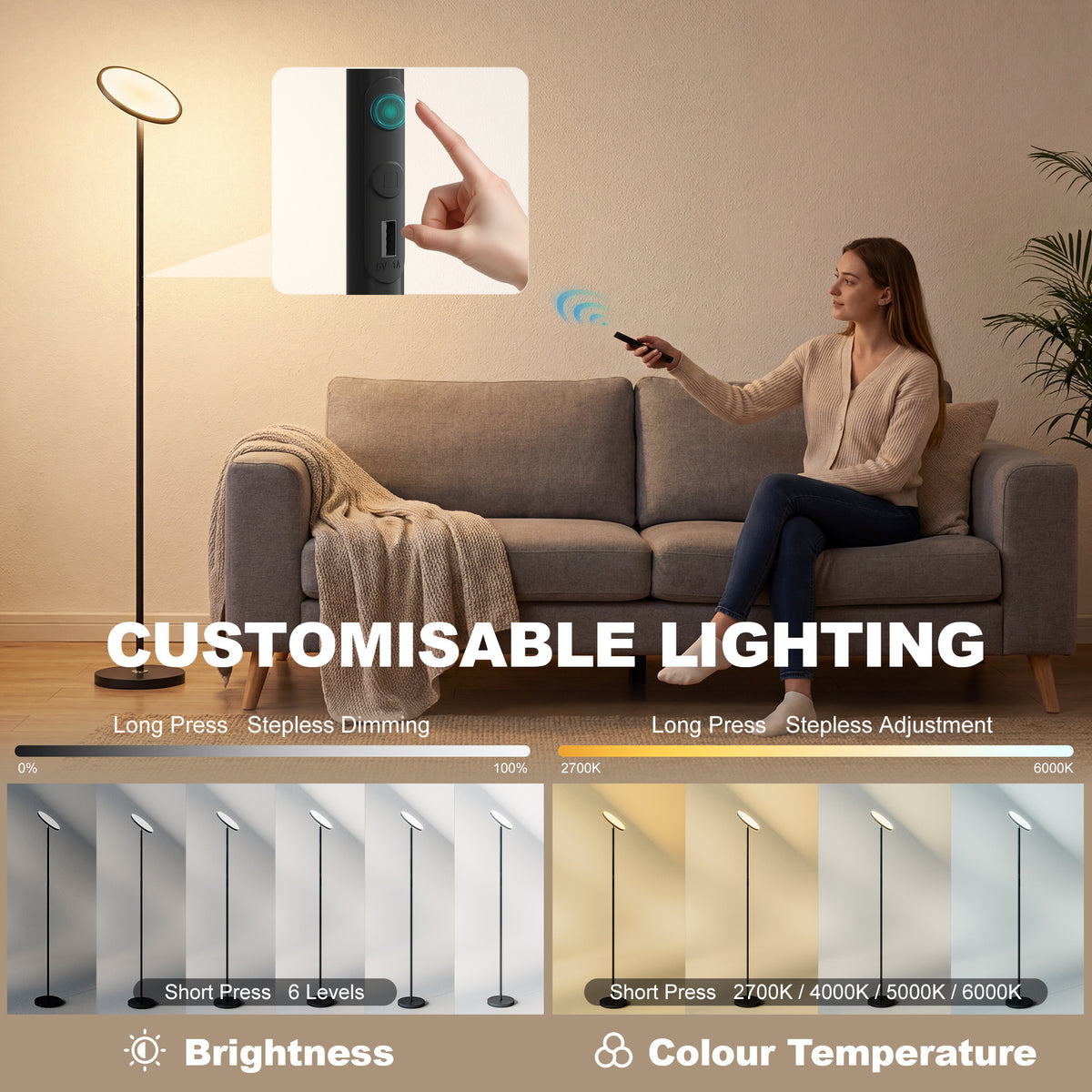 Uplighter Floor Lamp with Tuya App and Music Sync, Standing Lamp with Adjustable Head for Living Room Bedroom, Black