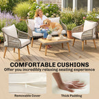 Outsunny 4 Piece Rattan Garden Furniture Set with Loveseat, Armchairs, Wood Table, Wicker Patio Conversation Set, Cream White