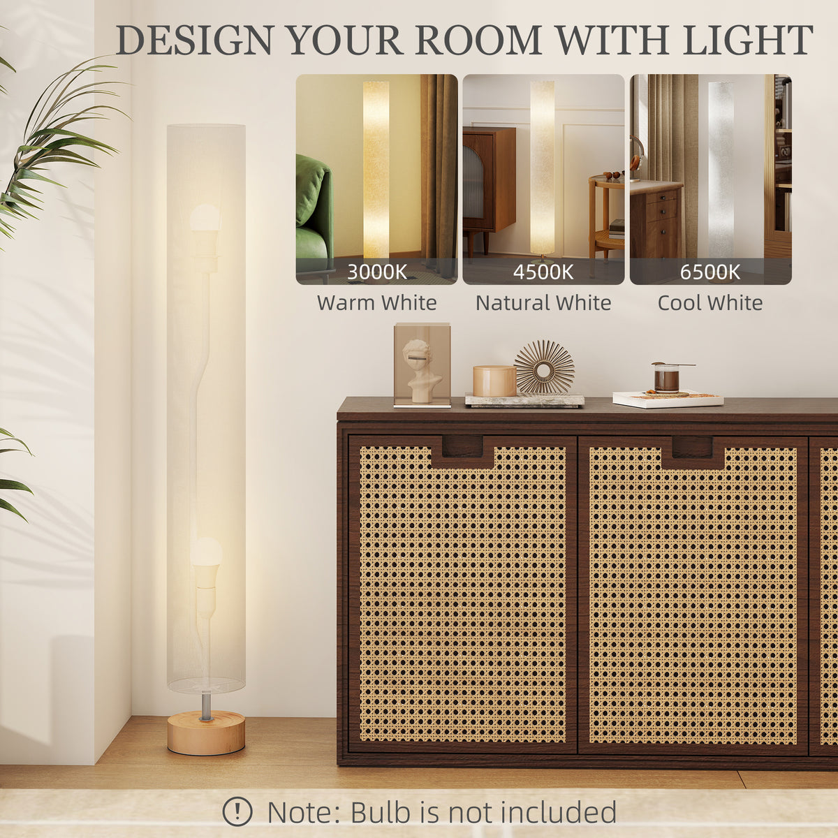 LED Floor Lamp for Living Room, 120cm Modern Standing Lamp with 3000K/4500K/6500K Colour Temperatures, Linen Shade and Wooden Base, Grey