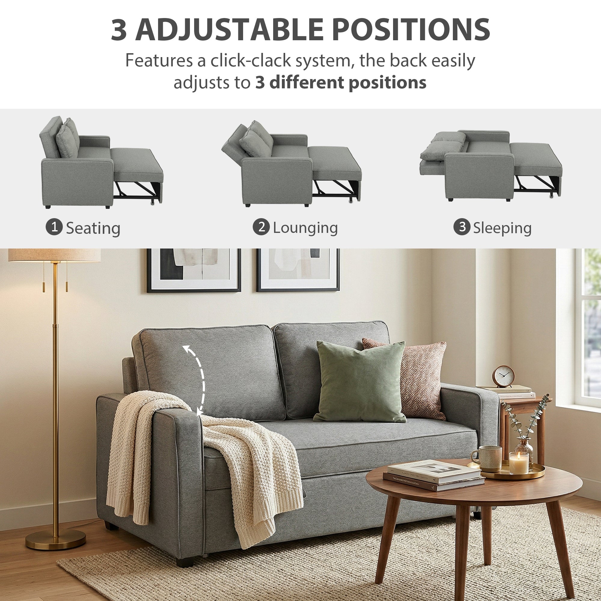 HOMCOM Double Sofa Bed Click Clack Sofa Bed Pull Out Bed with Adjustable Backrest for Living Room and Bedroom Grey