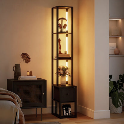 Floor Lamp with Shelves, LED Column Modern Standing Lamp with Fabric Drawer, Adjustable Brightness, Foot Switch for Living Room, Bedroom, Office, Black