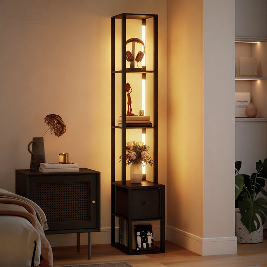 Floor Lamp with Shelves, LED Column Modern Standing Lamp with Fabric Drawer, Adjustable Brightness, Foot Switch for Living Room, Bedroom, Office, Black
