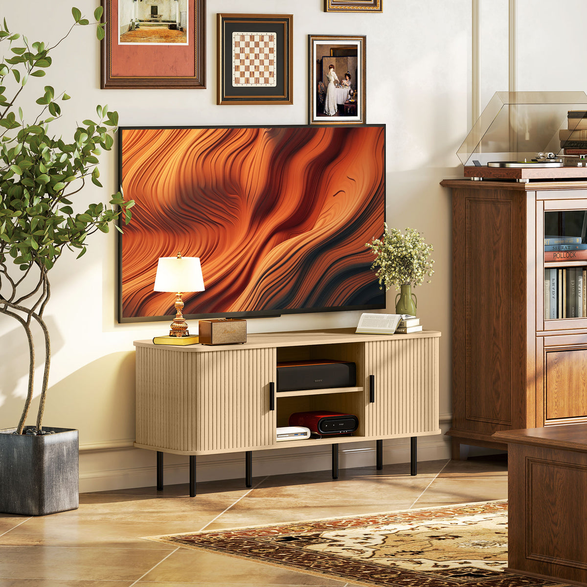 TV Stand Cabinet for TVs up to 55 Inches, TV Unit with Storage Shelves and Cupboard for Living Room, Oak Tone