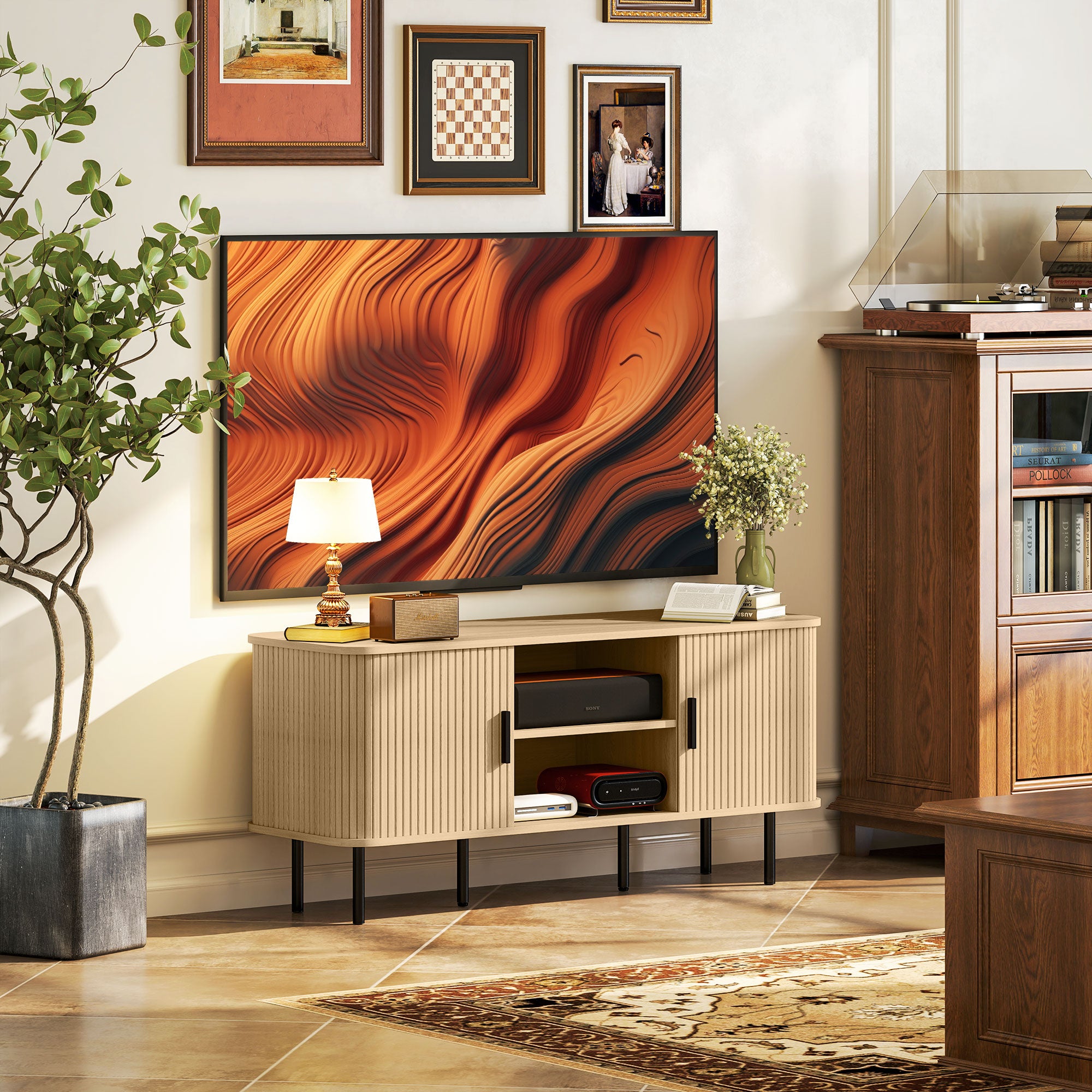 TV Stand Cabinet for TVs up to 55 Inches, TV Unit with Storage Shelves and Cupboard for Living Room, Oak Tone
