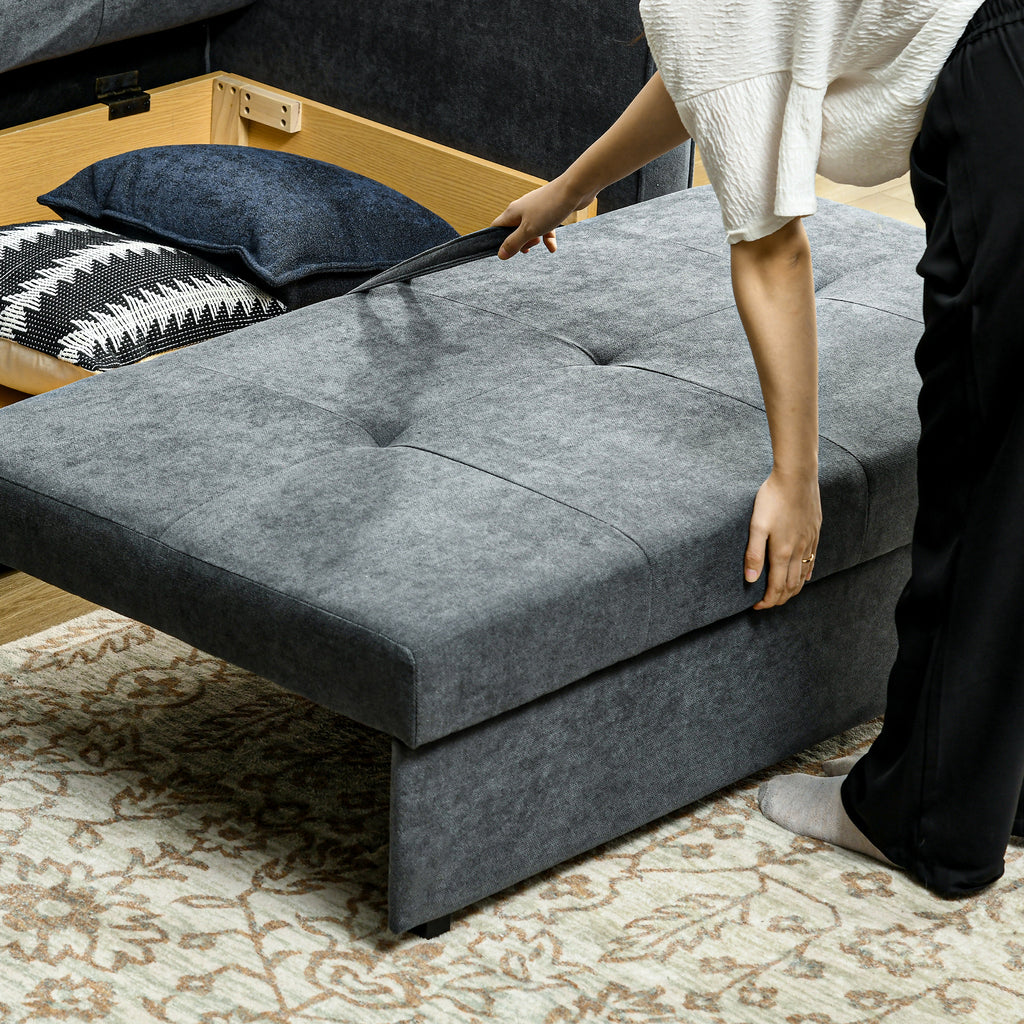 HOMCOM 2 Seater Sofa Bed with Hidden Storage, Pull Out Convertible Bed Settee, Modern Snow Flannel Loveseat Sofa Sleeper with 2 Cushions for Living Room, Guest Room, Dark Grey