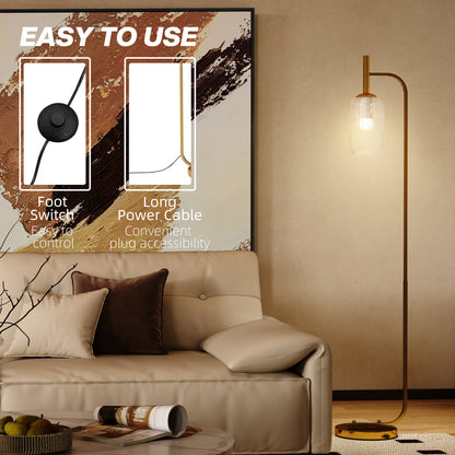 Floor Lamp for Living Room with Glass Lampshade, Modern Standing Lamp with Foot Switch for Bedroom, Bulb not Included, Gold Tone