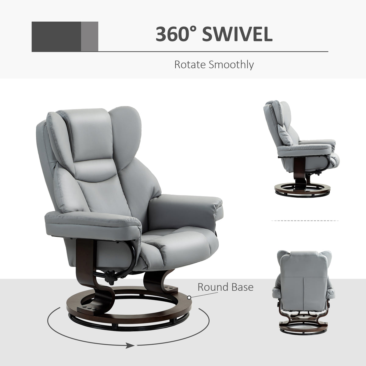 360° Swivel Recliner Chair with Footstool, PU Leather Manual Recliner Armchair with Footstool, Solid Wood Base, Upholstered Reclining Chair for Living Room, Bedroom, Office, Light Grey
