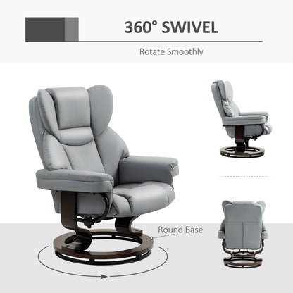 360° Swivel Recliner Chair with Footstool, PU Leather Manual Recliner Armchair with Footstool, Solid Wood Base, Upholstered Reclining Chair for Living Room, Bedroom, Office, Light Grey