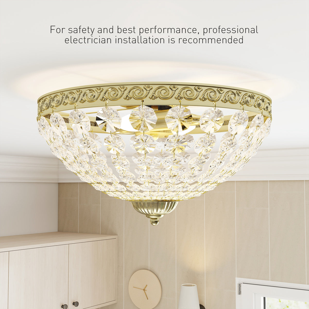 Crystal Chandelier Ceiling Light with 168 Octagonal Beads, Vintage 2-Light Flush Mount Ceiling Light for Living Room, Bedroom, Hallway, Dining Room, Gold Tone