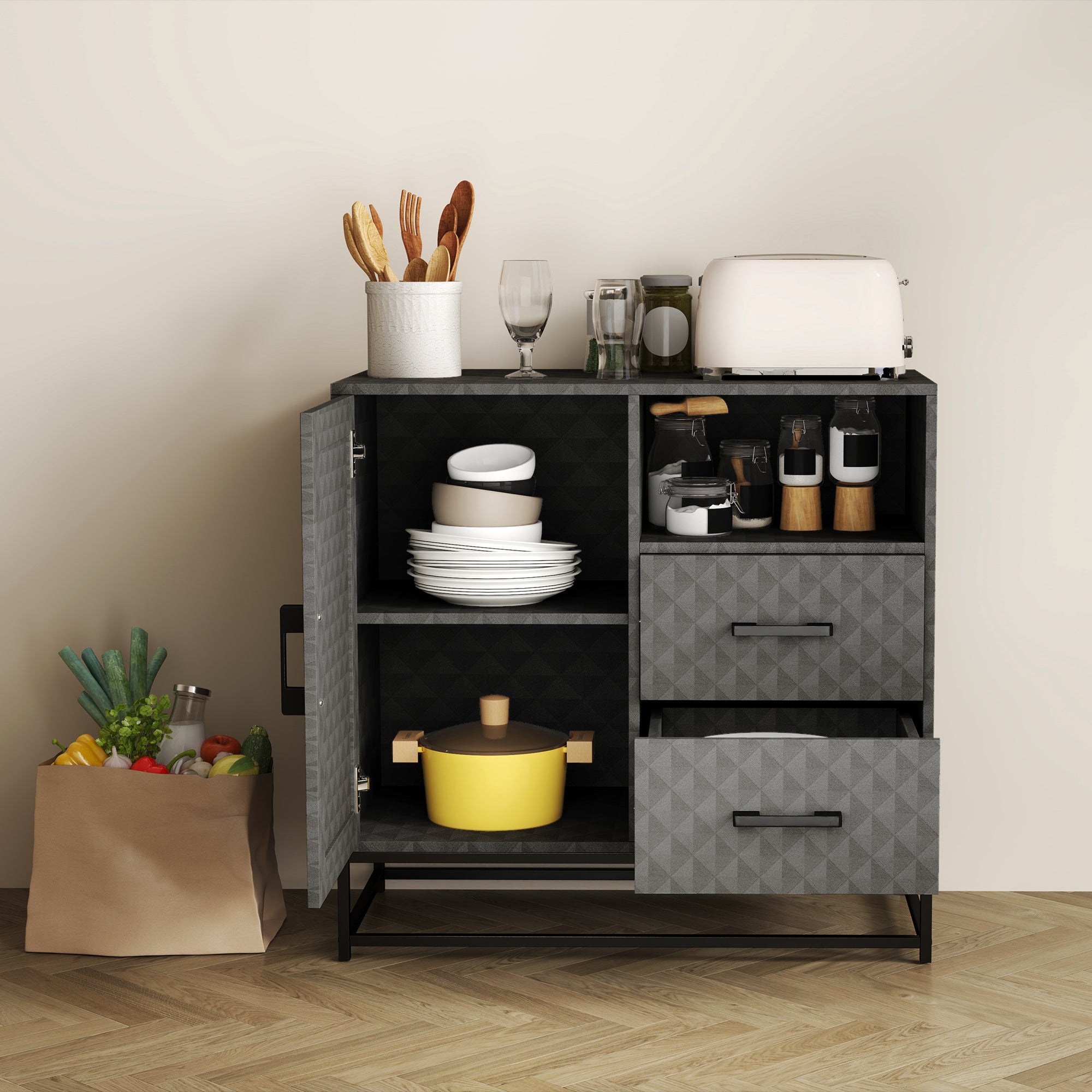 HOMCOM Sideboard with Adjustable Shelf, Freestanding Sideboard Storage Cabinet with Open Compartment and 2 Drawers, Grey