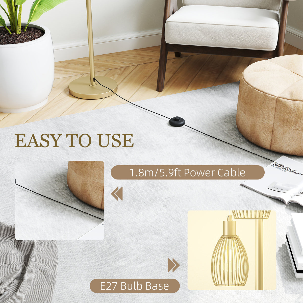 3-Light Floor Lamp, 170cm Industrial Dimmable Standing Lamp with Steel Wire Cage Lampshades for Living Room, Bedroom, Dining Room, Study, Bulb Not Included, Gold Tone