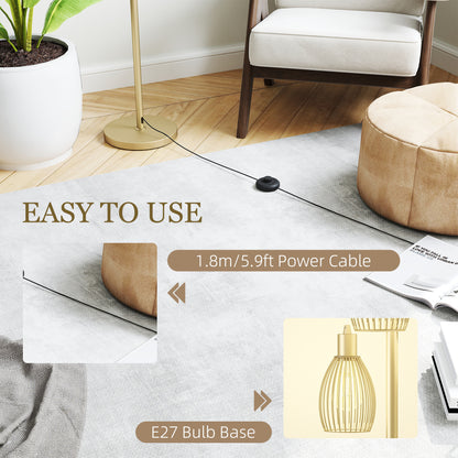 3-Light Floor Lamp, 170cm Industrial Dimmable Standing Lamp with Steel Wire Cage Lampshades for Living Room, Bedroom, Dining Room, Study, Bulb Not Included, Gold Tone