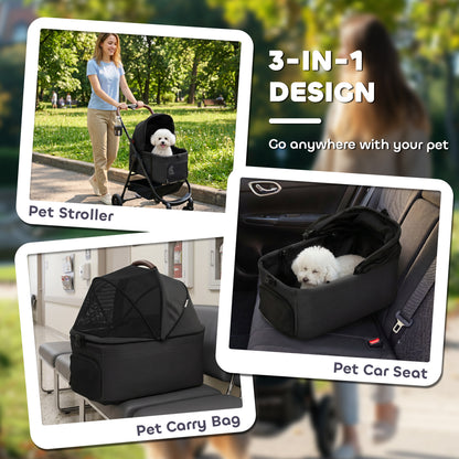 PawHut Dog Stroller, 3 in 1 Foldable Pet Stroller for Small Puppy Cat with Detachable Travel Carrier, Storage Basket, Black