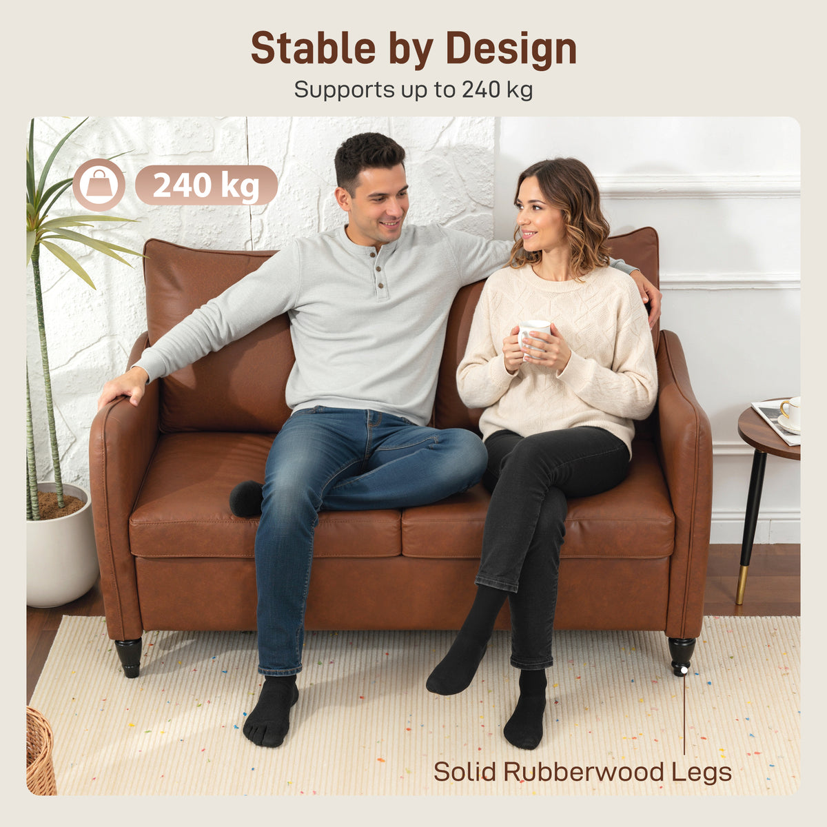 Faux Leather Marble-Effect Two-Seater Sofa - Brown