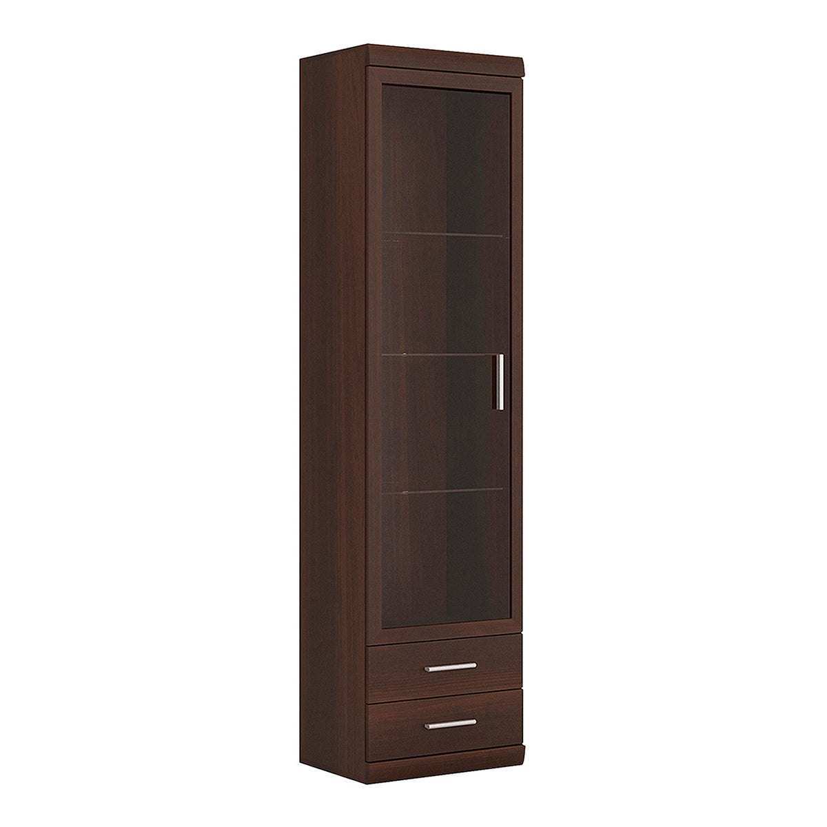 Ingrid Tall Glazed 1 Door 2 Drawer Narrow Cabinet in Dark Mahogany Melamine