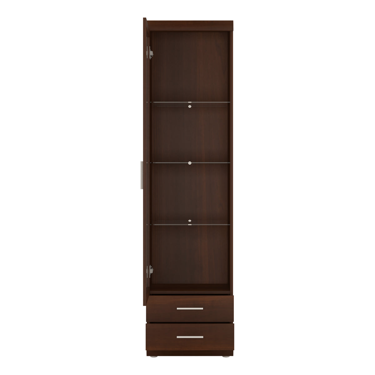 Ingrid Tall Glazed 1 Door 2 Drawer Narrow Cabinet in Dark Mahogany Melamine