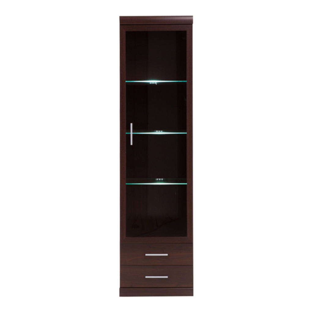 Ingrid Tall Glazed 1 Door 2 Drawer Narrow Cabinet in Dark Mahogany Melamine