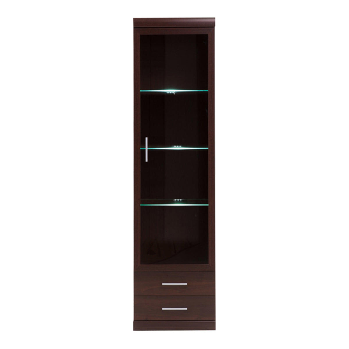 Ingrid Tall Glazed 1 Door 2 Drawer Narrow Cabinet in Dark Mahogany Melamine