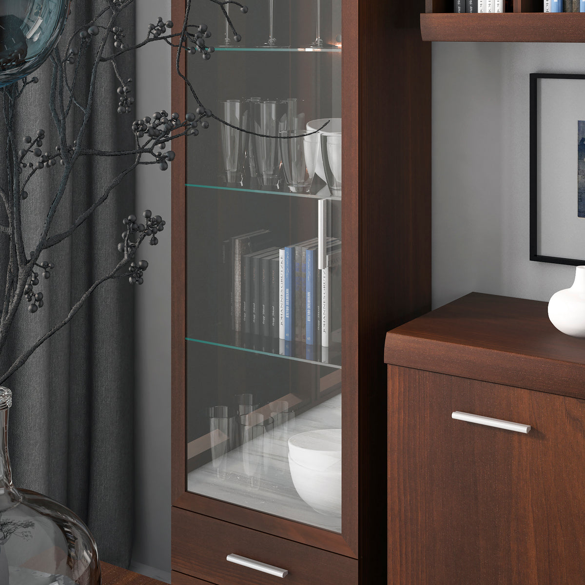 Ingrid Tall Glazed 1 Door 2 Drawer Narrow Cabinet in Dark Mahogany Melamine