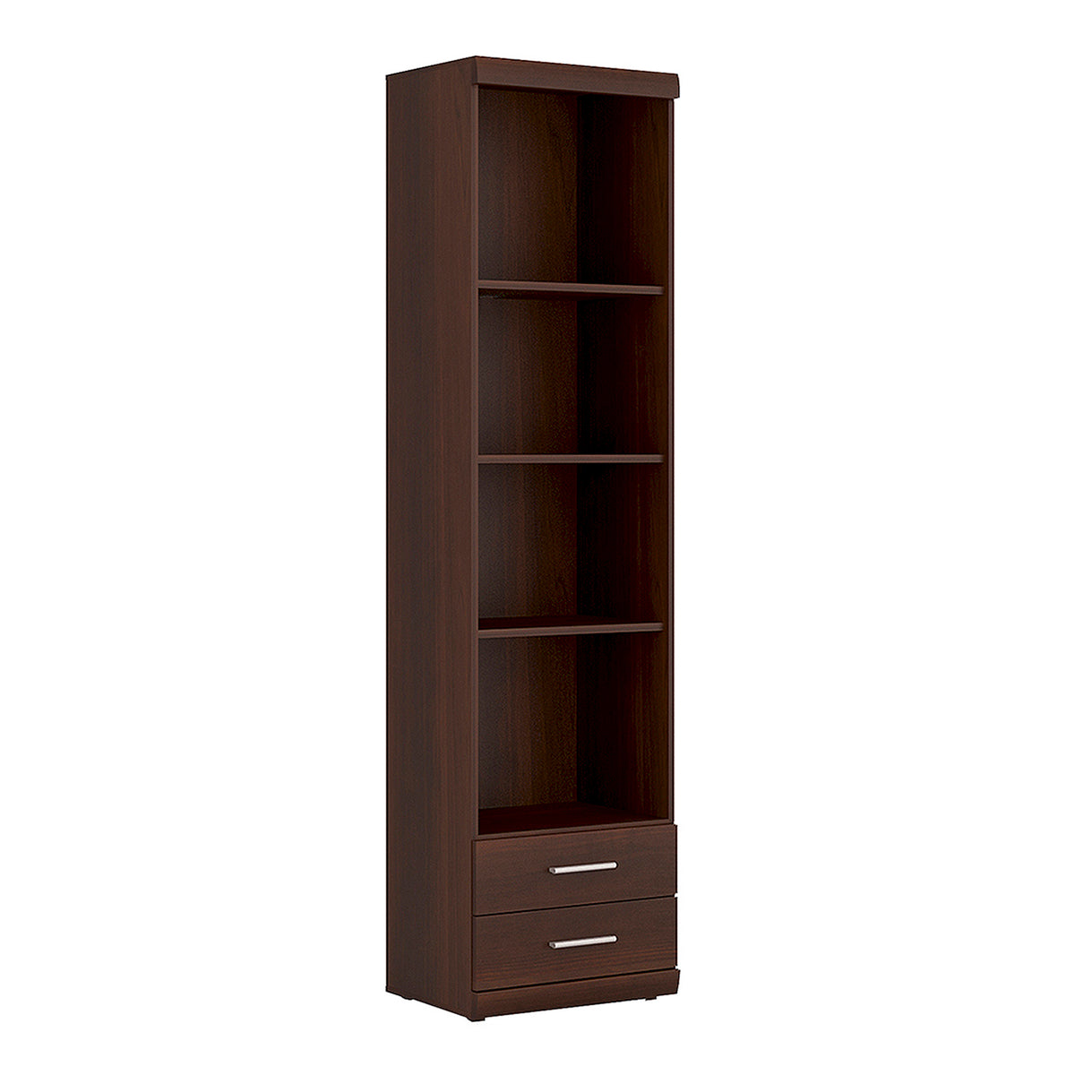 Ingrid Tall 2 Drawer Narrow Cabinet with Open Shelving in Dark Mahogany Melamine