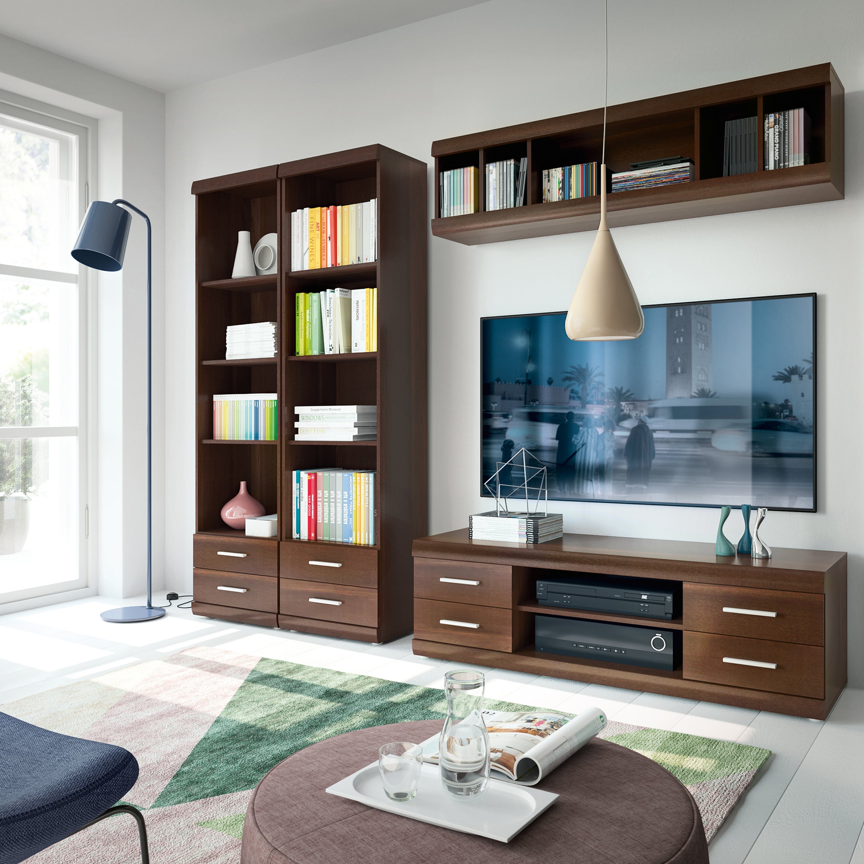 Ingrid Tall 2 Drawer Narrow Cabinet with Open Shelving in Dark Mahogany Melamine
