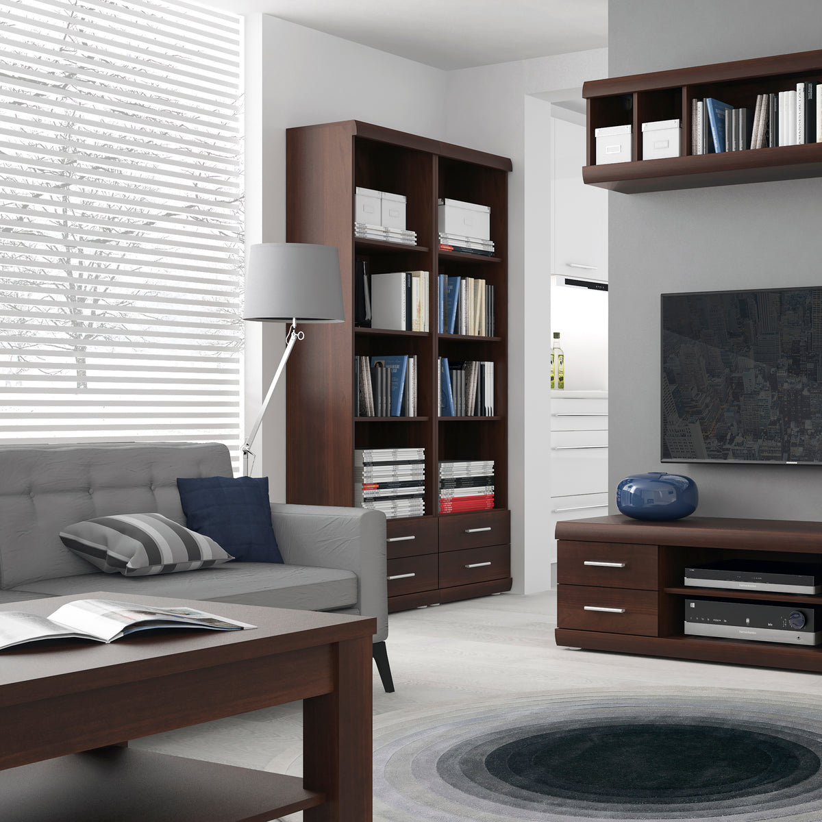Ingrid Tall 2 Drawer Narrow Cabinet with Open Shelving in Dark Mahogany Melamine